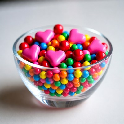 Colorful Candy Hearts in Glass Bowl