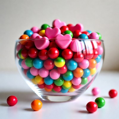 Colorful Candy Hearts in Glass Bowl