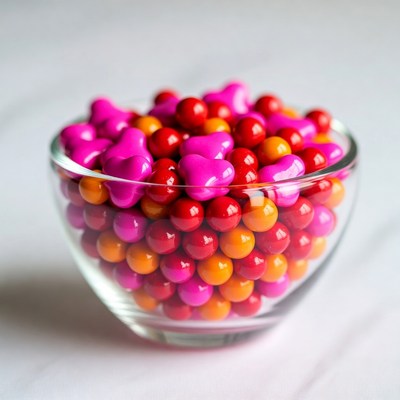 Colorful heart-shaped candies in glass bowl