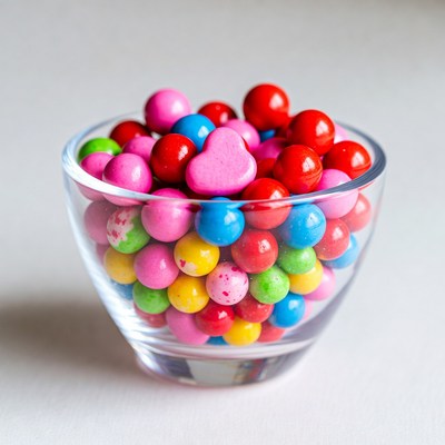 Colorful Candy Hearts in Glass Bowl