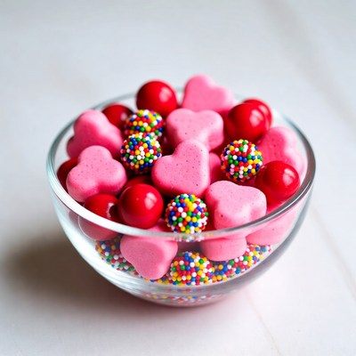 Heart-Shaped Candies in Glass Bowl