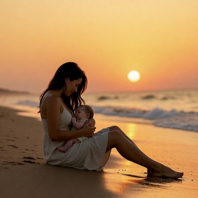 Mother breastfeeding baby at sunset beach
