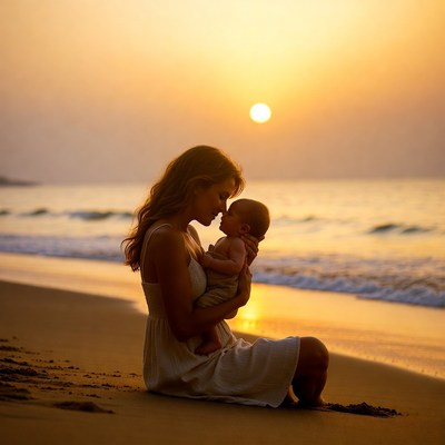 Mother Holding Baby Silhouette at Sunset Beach