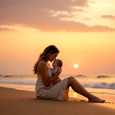 Mother holding baby on beach sunset
