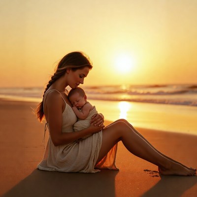 Mother holding baby on beach sunset