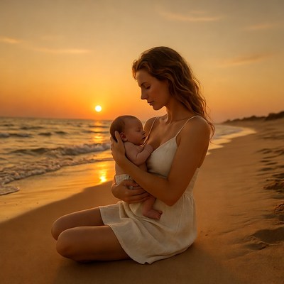 Mother holding baby on beach sunset