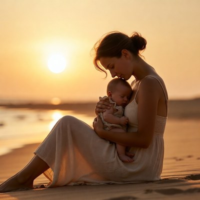 Mother holding baby on beach sunset