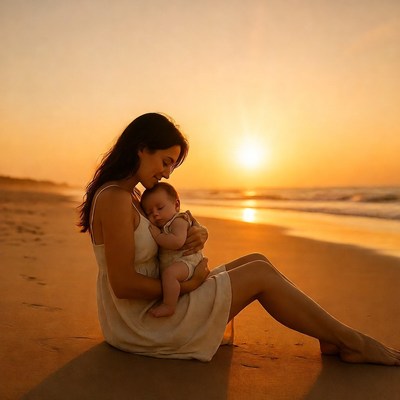 Mother holding baby on beach at sunset