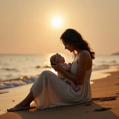 Mother Holding Baby on Beach Sunset