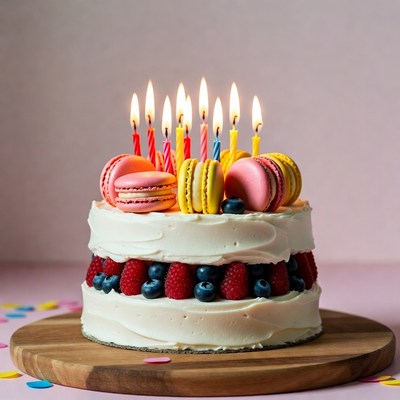 Birthday Cake with Macarons and Candles