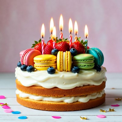 Birthday Cake with Macarons and Candles