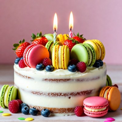 Macaron Cake with Candles and Berries
