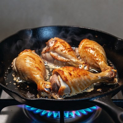 Chicken Drumsticks Frying in Cast Iron Skillet