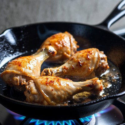 Chicken legs cooking in skillet