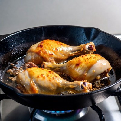 Chicken Drumsticks Frying in Cast Iron Skillet