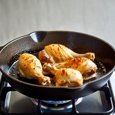 Chicken Drumsticks Frying in Cast Iron Skillet