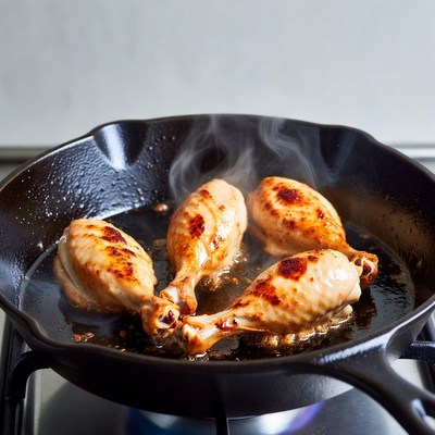 Chicken Legs Frying in Cast Iron Skillet