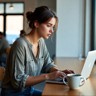 Woman working on laptop in cafe