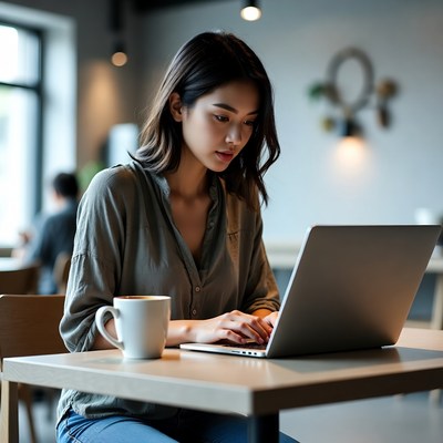 Asian woman working on laptop in cafe