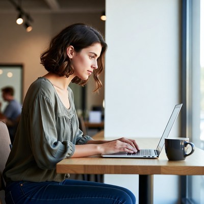 Woman working on laptop in cafe