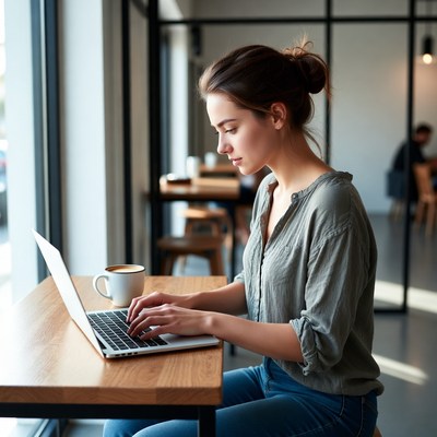 Woman working on laptop in cafe