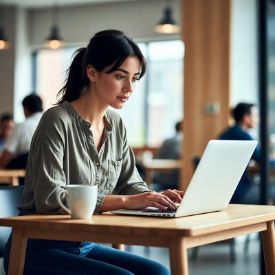 Woman working on laptop in cafe