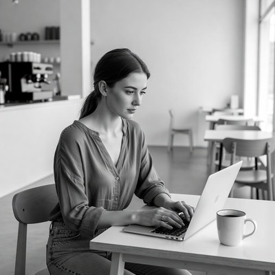 Woman working on laptop in cafe