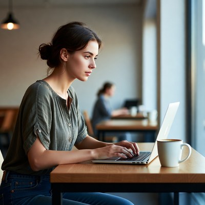 Woman working on laptop in cafe