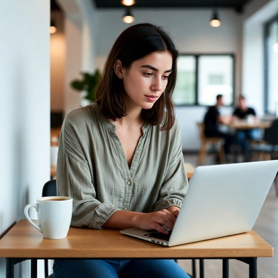Woman working on laptop in cafe