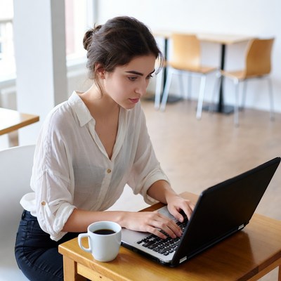 Woman typing on laptop at cafe table