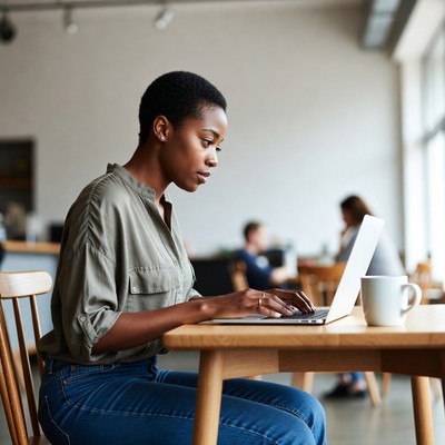 African-American woman typing on laptop in cafe