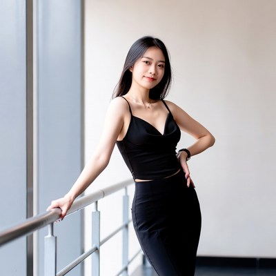 Asian woman in black dress leaning on railing