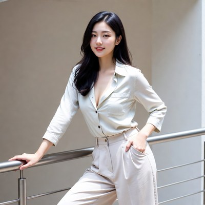 Asian woman leaning on railing