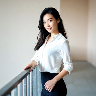Asian woman leaning on balcony railing