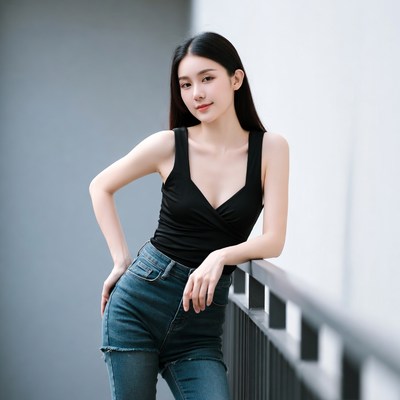 Asian woman leaning on balcony railing