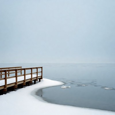 Wooden pier on frozen lake shore