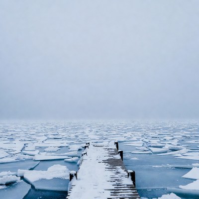Snowy Wooden Pier Over Ice Floes