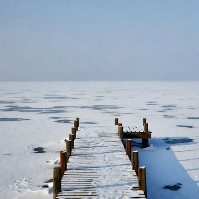 Wooden Pier on Frozen Lake