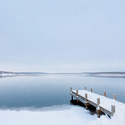 Snowy Wooden Pier on Frozen Lake