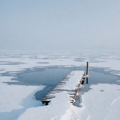 Snowy Wooden Pier Over Frozen Lake