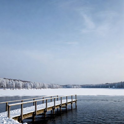 Snowy Wooden Pier on Frozen Lake