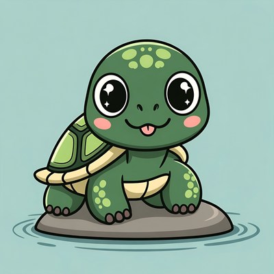 Cute cartoon baby turtle on rock
