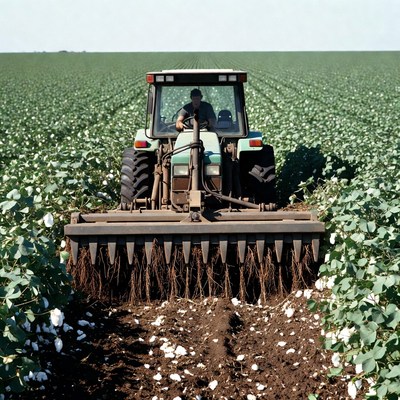 Farmer Driving Tractor in Cotton Field