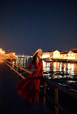 Woman in red dress on bridge at night