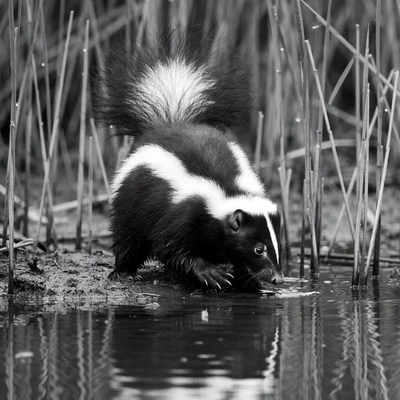 Skunk drinking water in reeds
