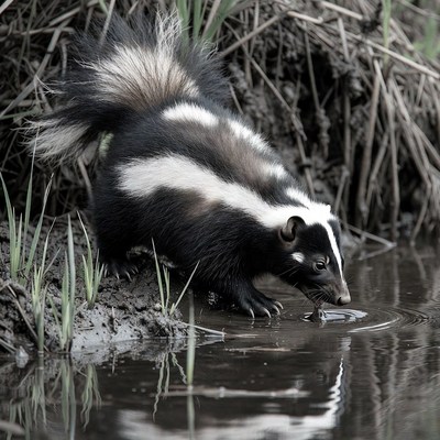 Skunk drinking from puddle