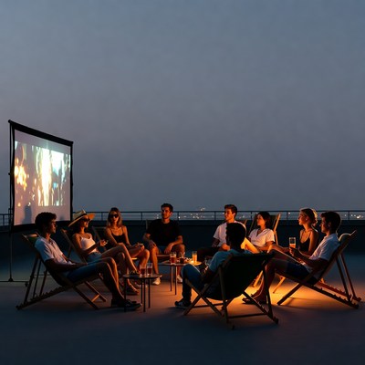 Group watching outdoor rooftop movie night
