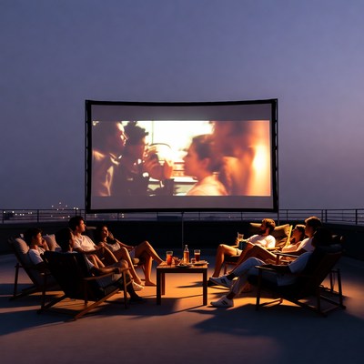 Group watching movie on rooftop projector