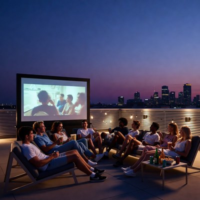 Group watching movie on rooftop