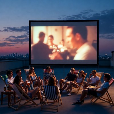 Group watching outdoor rooftop movie night